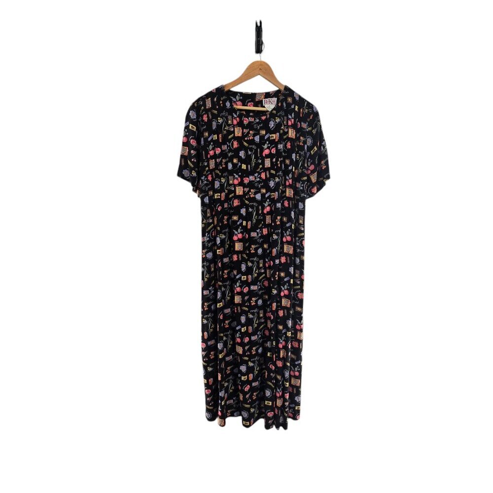 R+K Originals Womens‎ Size 16  Black Floral Midi Dress Short Sleeve Cottagecore